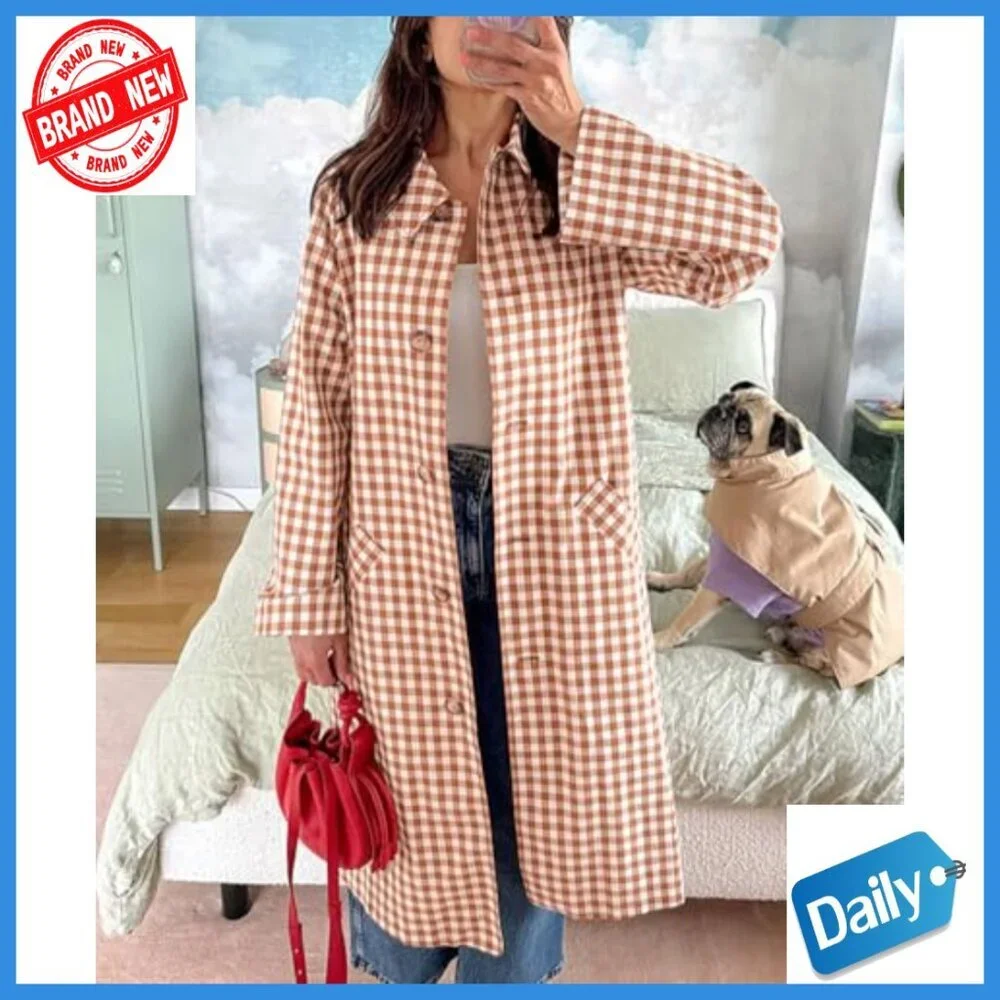 Women's Long Trench Coat Plaid Barn Jacket Single Breasted Casual Outerwear - Picture 2 of 7